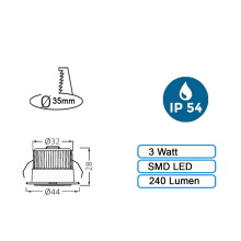 Klein Mini 3W LED Einbaustrahler Einbauleuchte Einbauspot Spot 4000K Neutralweiß 240 Lumen 230V Anschluss Schutzart IP54 Weiß